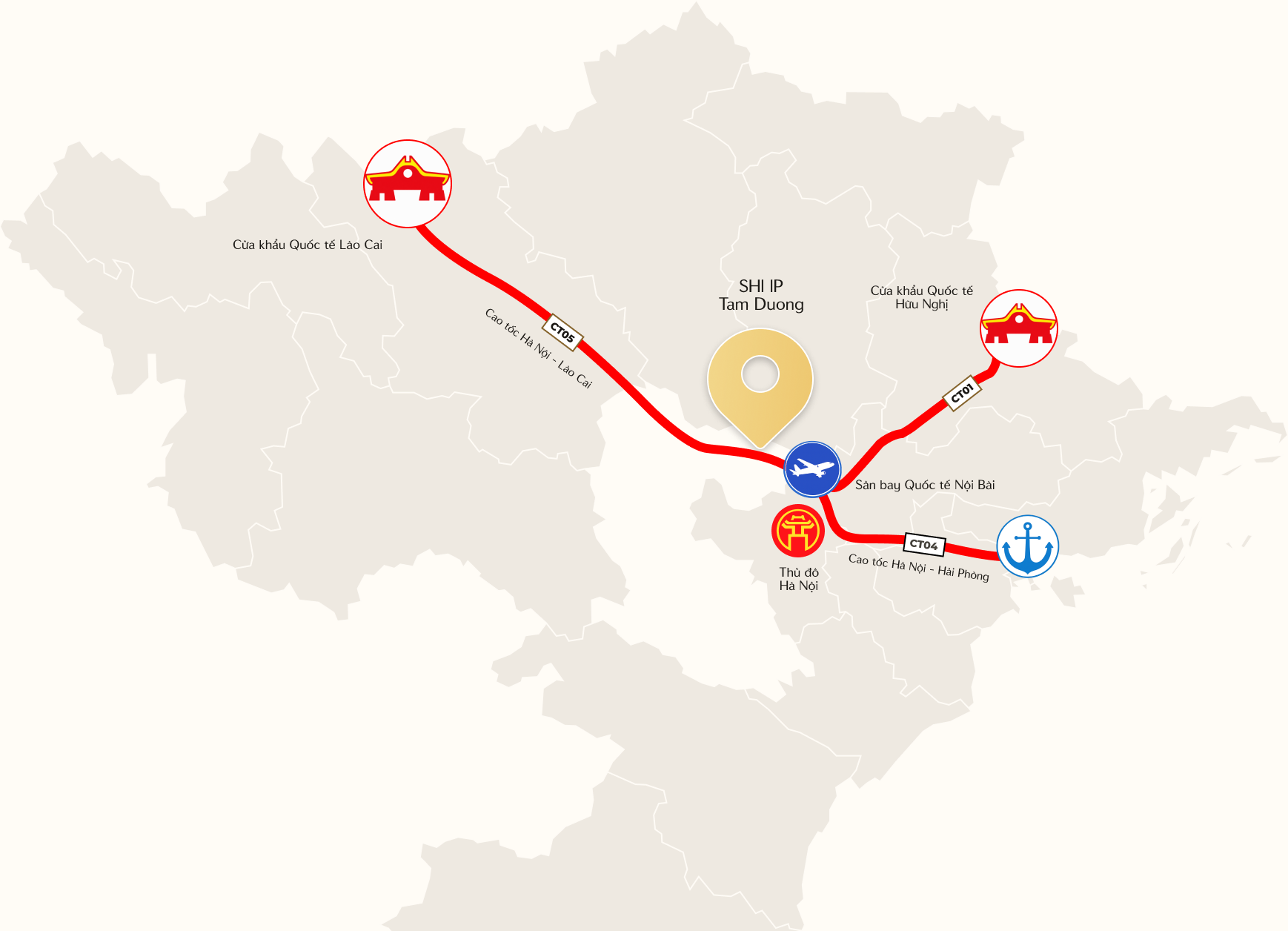 Bản đồ kết nối vùng: KCN SHI-IP Tam Dương với sân bay Nội Bài, Hà Nội, cảng Hải Phòng và các cửa khẩu quốc tế